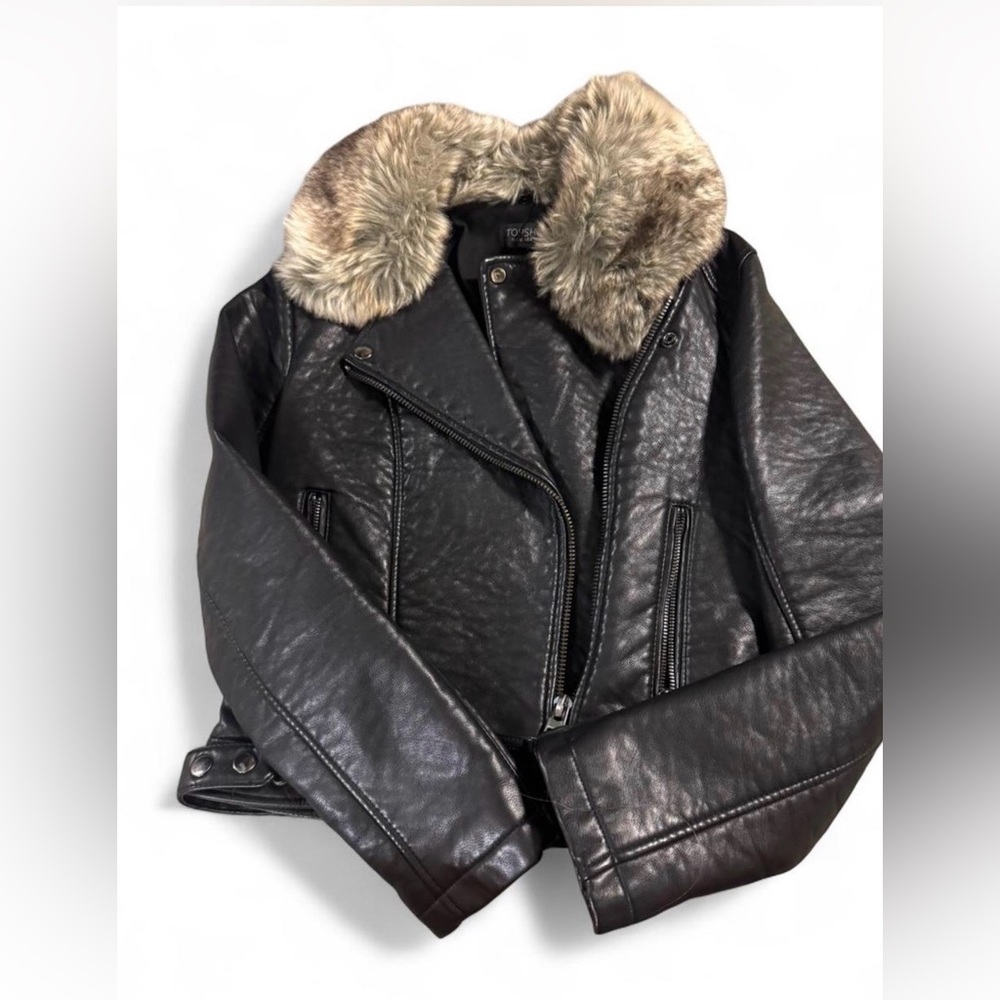 Topshop Black Leather Jacket with Faux Fur Collar